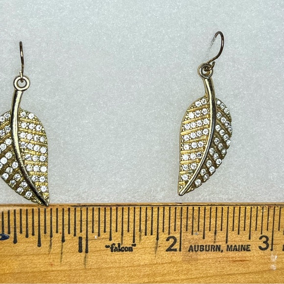 Gold Tone Rhinestone Leaf Shaped Hook Dangle Earrings - Picture 5 of 5